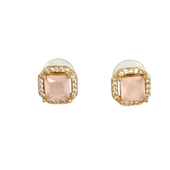 Chic Pink Halo Stud Earrings – Square-Cut Center Stone, Gold-Tone Setting - Picture 3 of 6